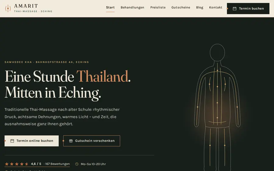 Startseite von amarit-thaimassage-eching.de, Kundenprojekt der KM Digitalagentur