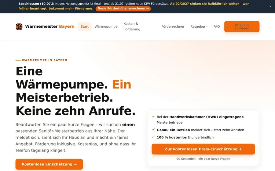Startseite von waermemeister-bayern.de, Fachportal für Wärmepumpen in Bayern, ein Projekt der KM Digitalagentur